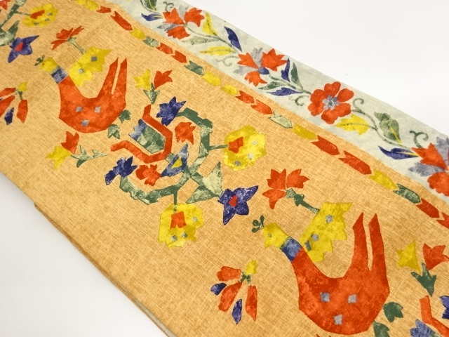 縞に鳥・草花模様名古屋帯